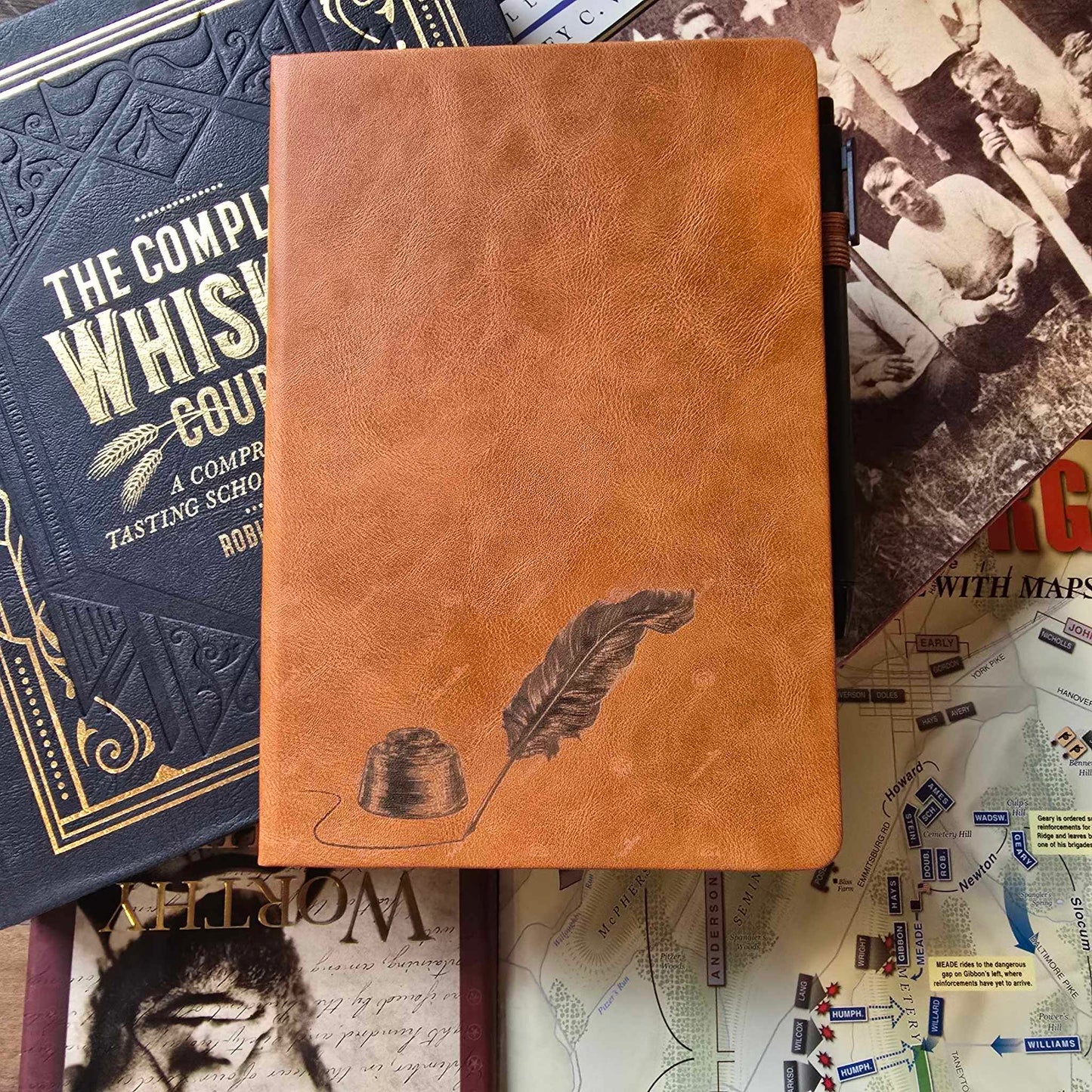 Engraved leather bound journal with pen